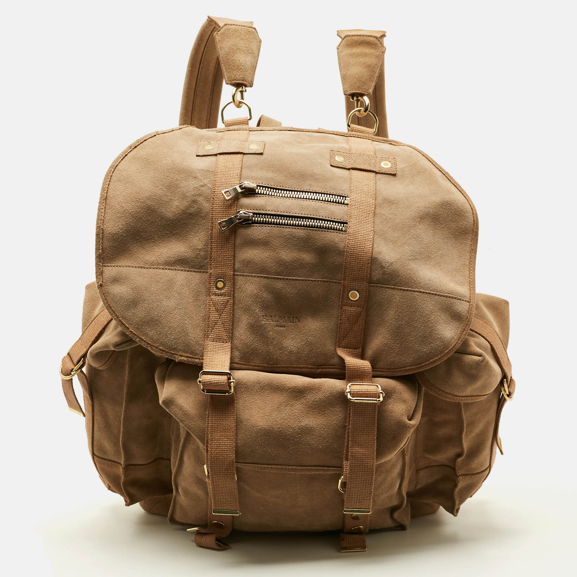 

Balmain Beige Suede Drawstring Military Backpack