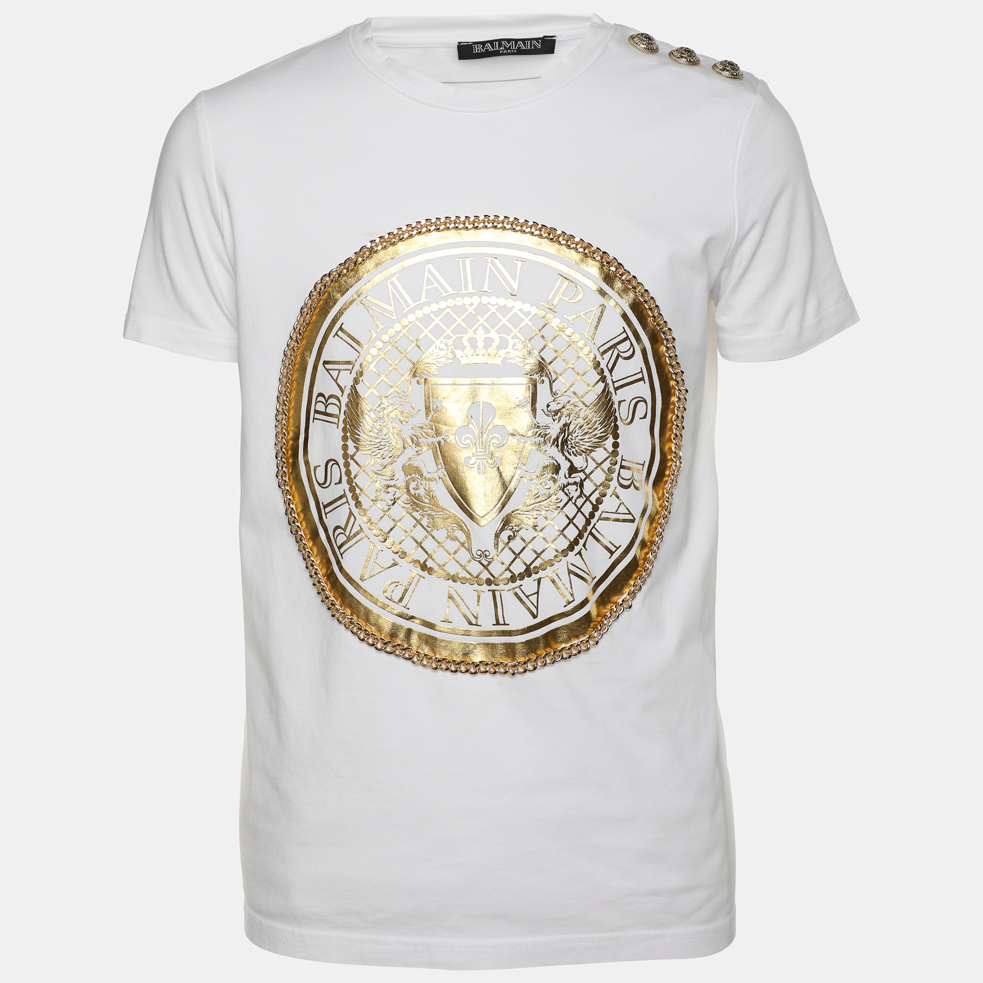 

Balmain White Cotton Logo Print Chain Details T-Shirt M