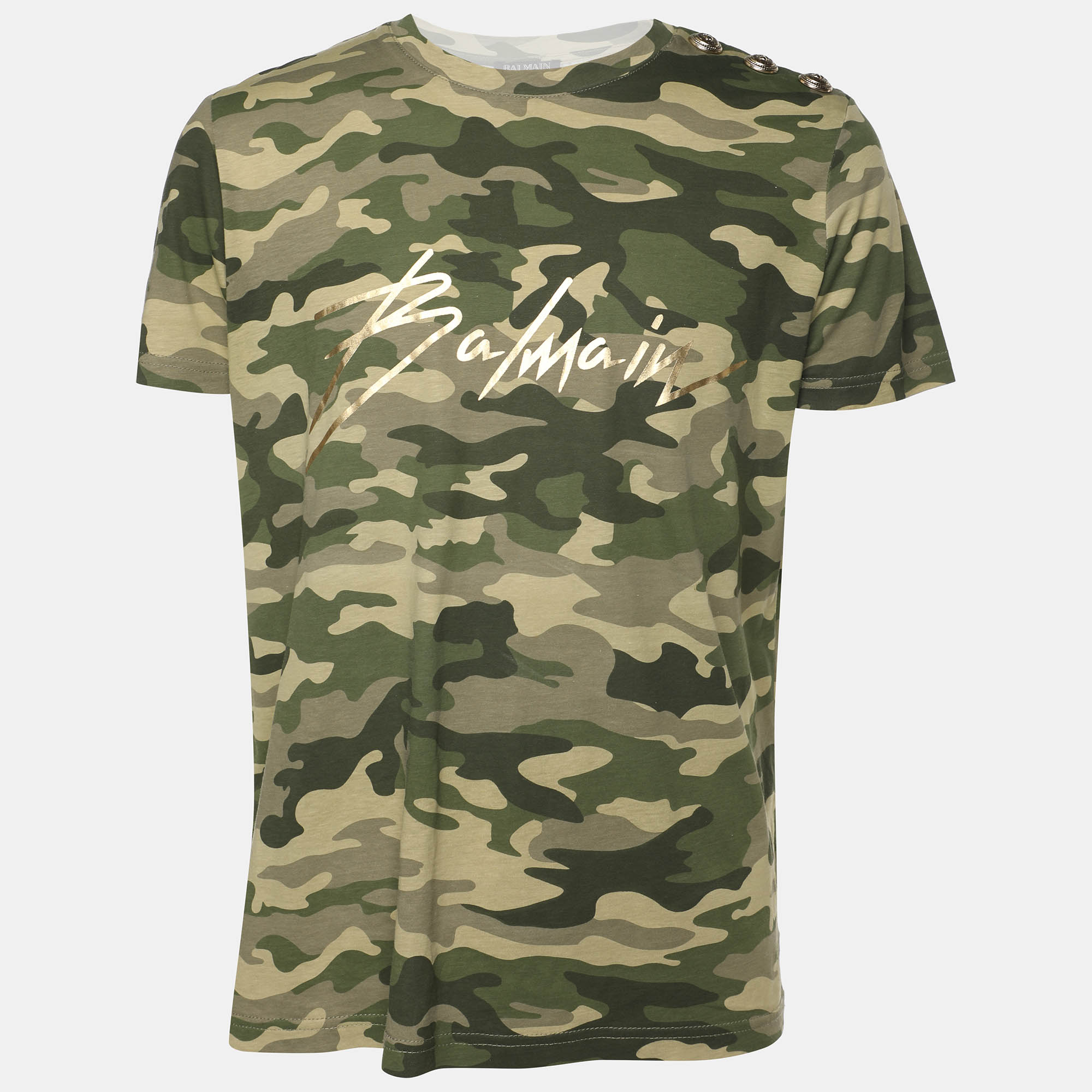 

Balmain Green Camouflage Print Cotton T-shirt M