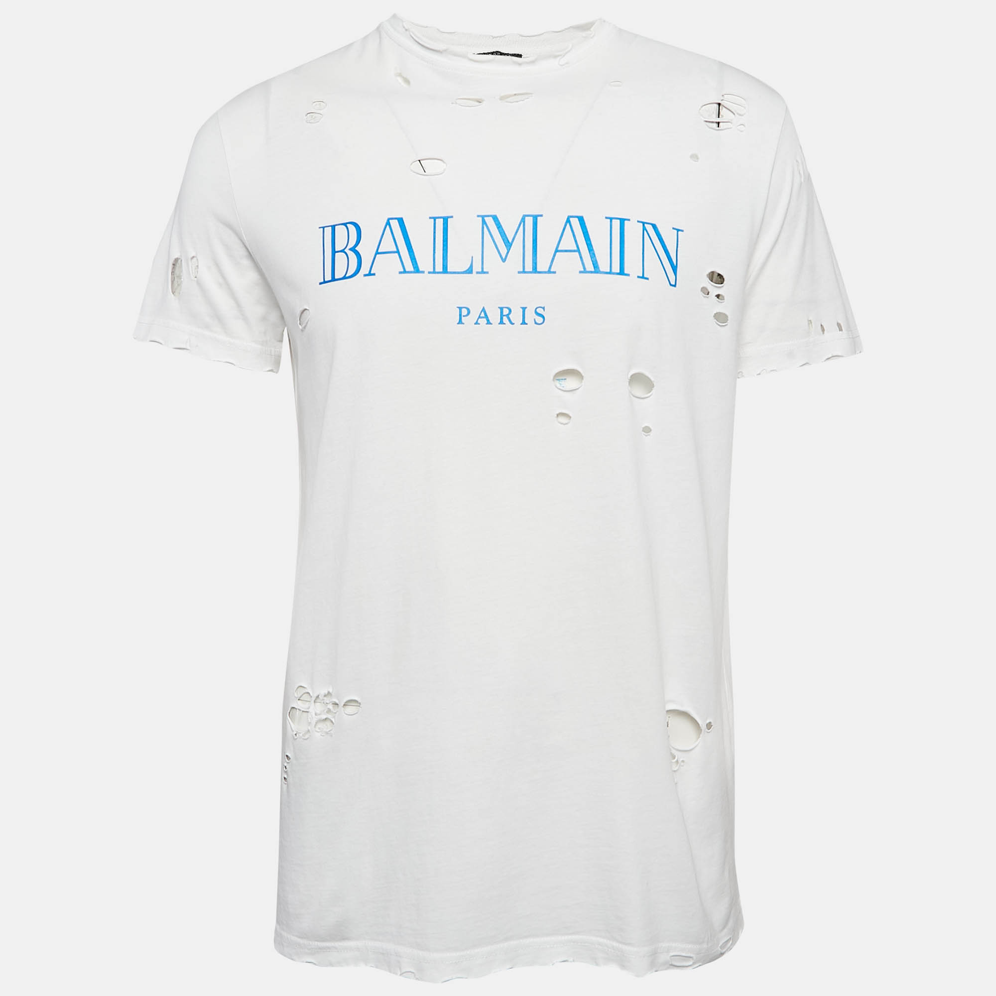 

Balmain White Cotton Logo Print Jersey Distressed Crewneck T-Shirt L