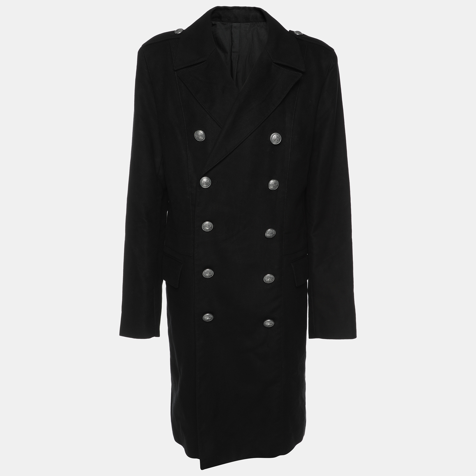 

Balmain Black Viscose Blend Double Breasted Long Coat XXL