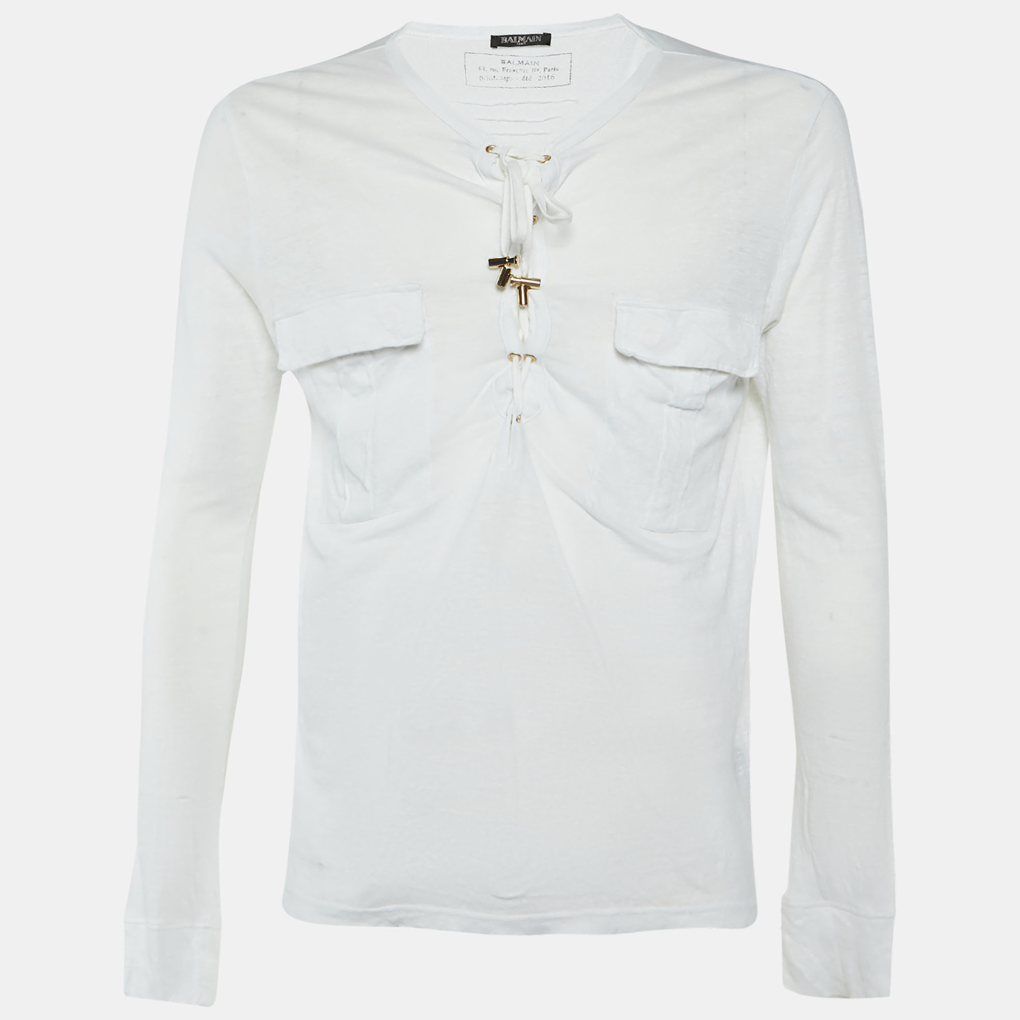 

Balmain White Linen Lace-Up Long Sleeve T-Shirt M