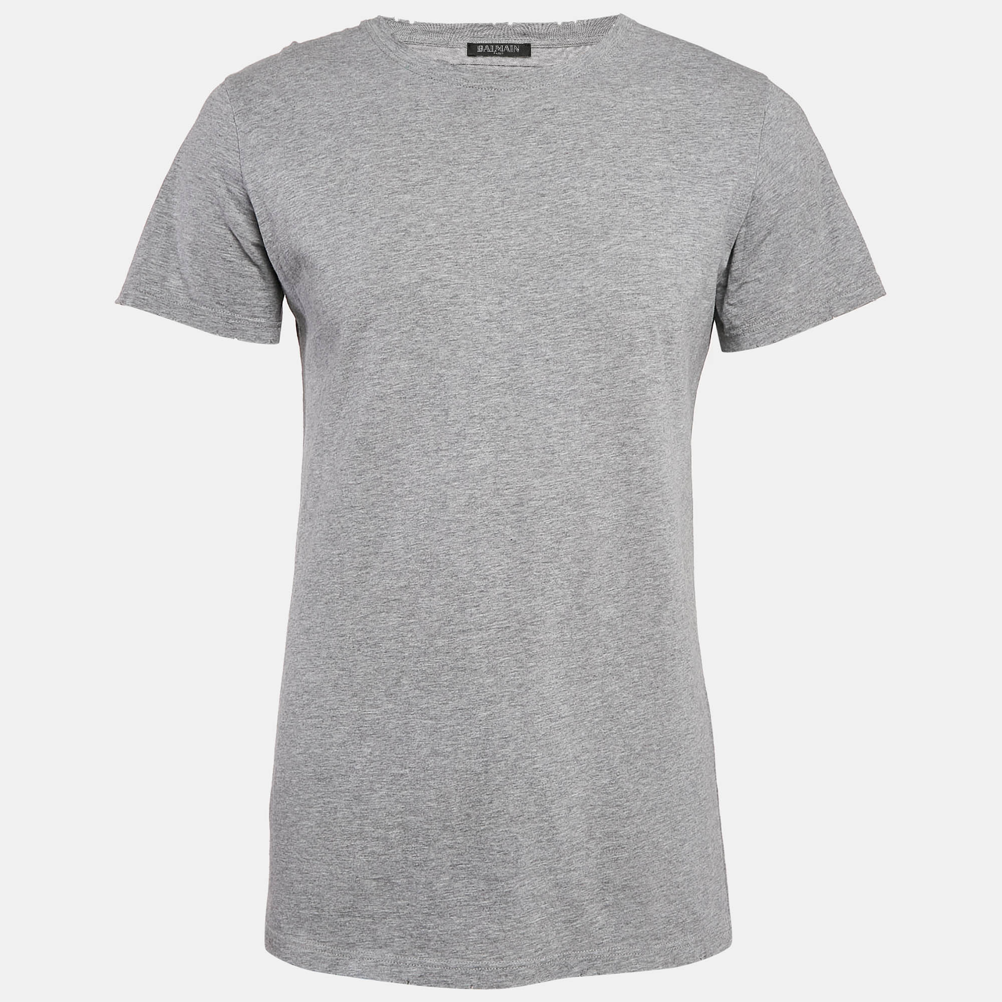 

Balmain Grey Cotton Crew Neck Distressed T-Shirt M