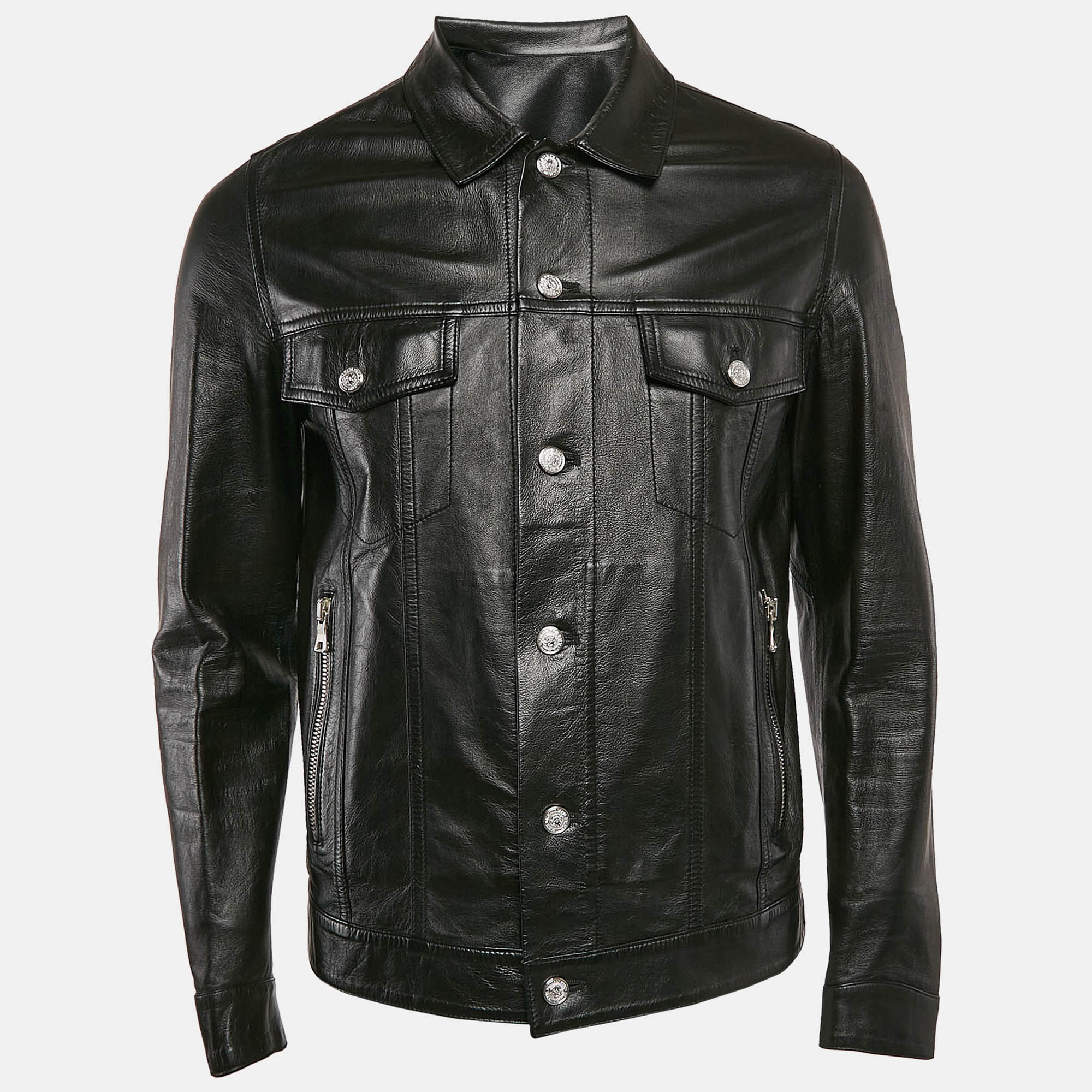 

Balmain Black Logo Print Leather Button Front Jacket M