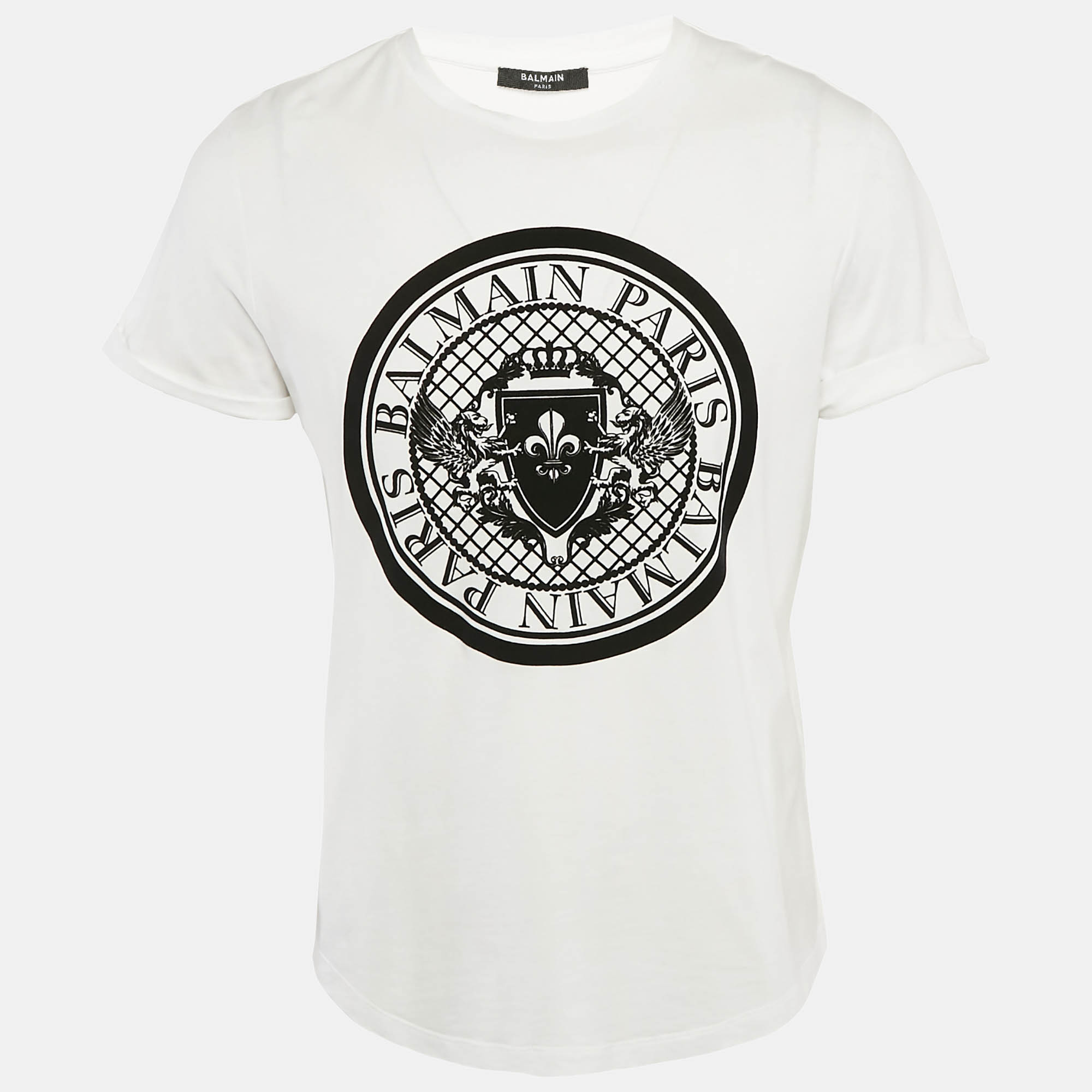 

Balmain White Logo Flock Print Cotton Crew Neck T-Shirt L