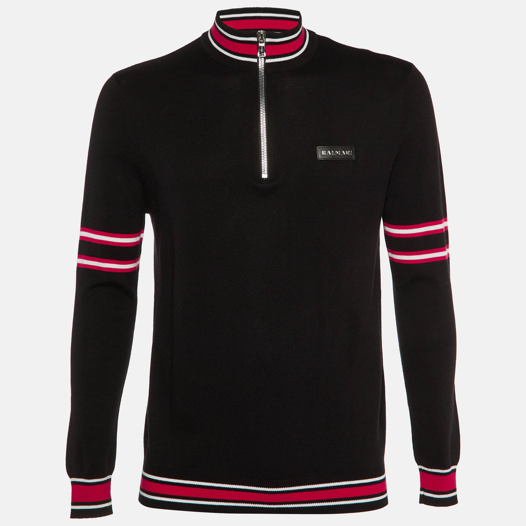 

Balmain Black/Red Striped Knit Polo Jumper M