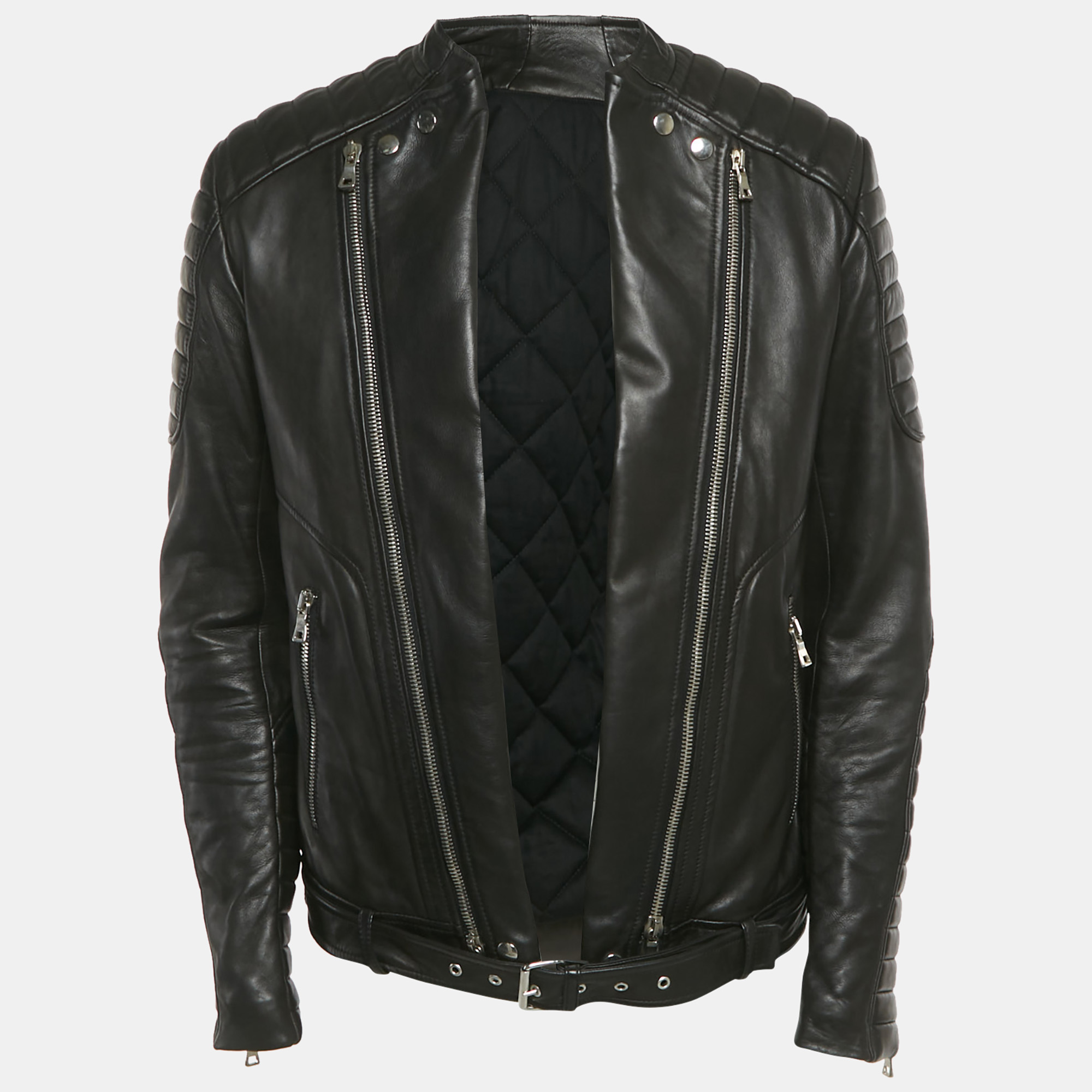 

Balmain Black Leather Open Front Biker Jacket XXL