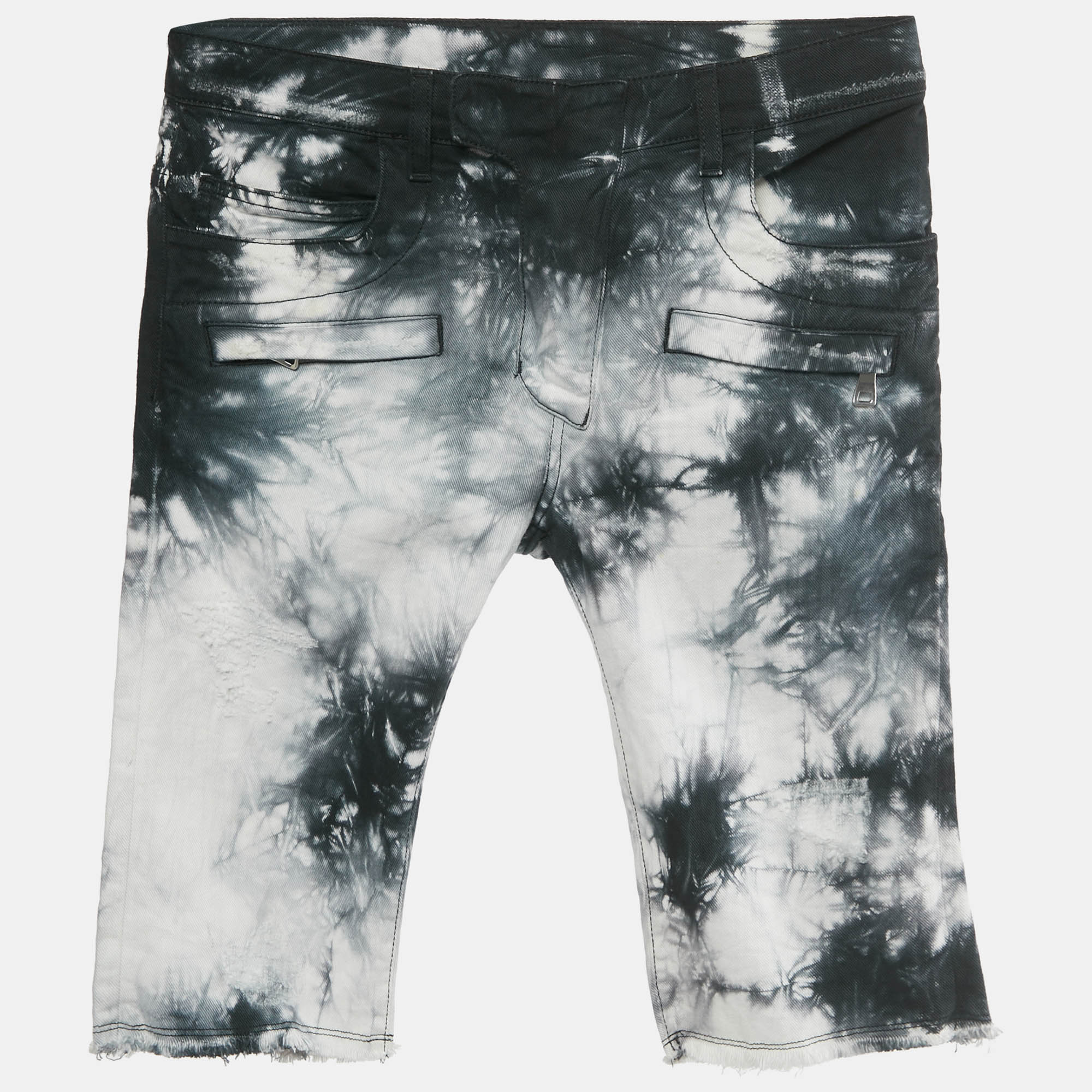 Pre-owned Balmain Black/ White Tie-dye Frayed Hem Distressed Denim Shorts Xs Waist 29"