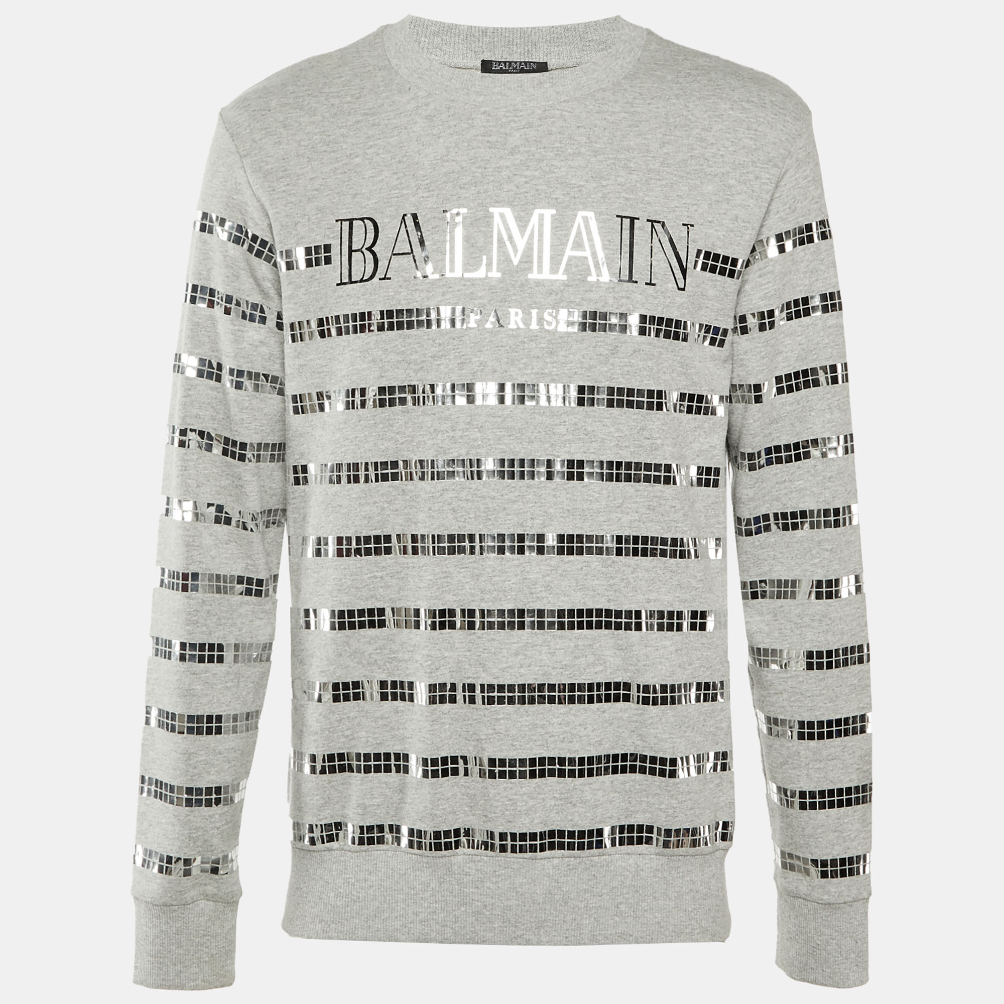 

Balmain Grey Metallic Logo Print Cotton Crew Neck Sweatshirt S