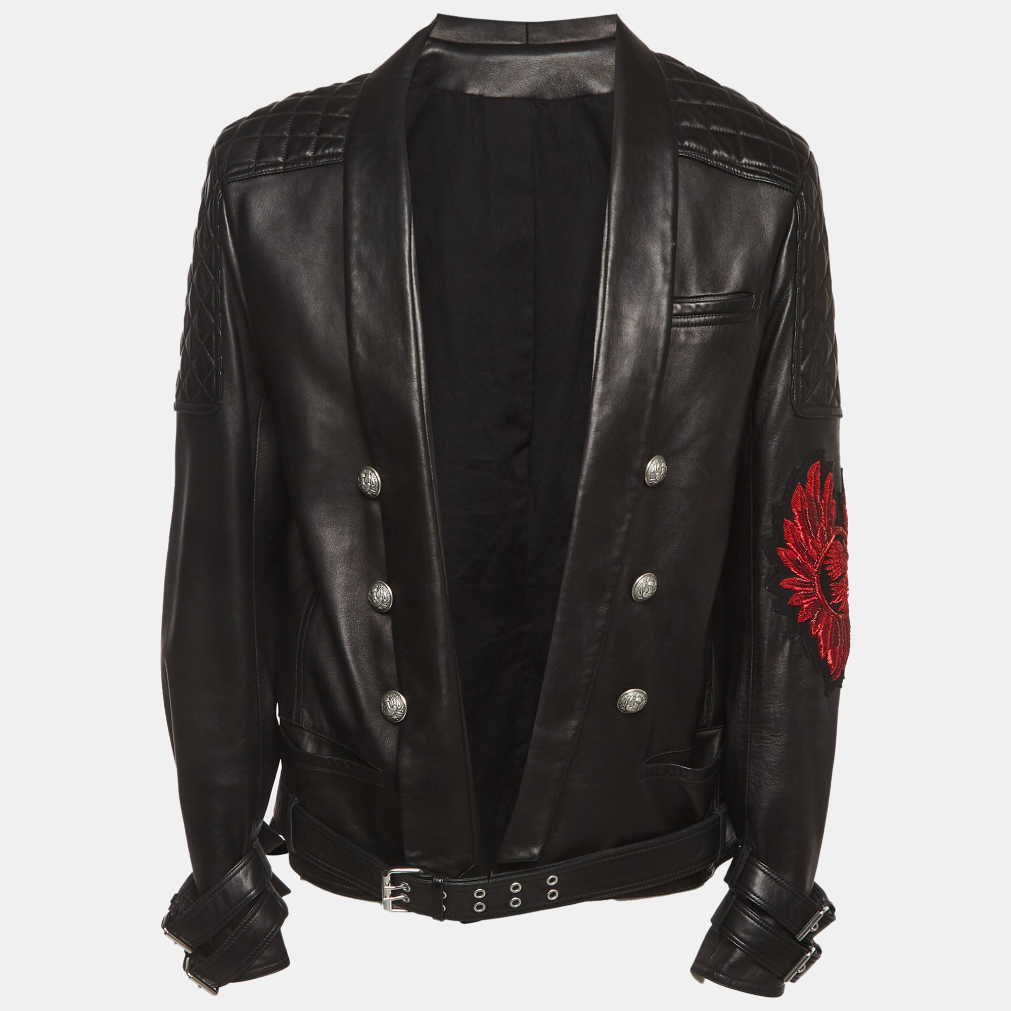 

Balmain Black Quilted Open Leather Jacket XXXL
