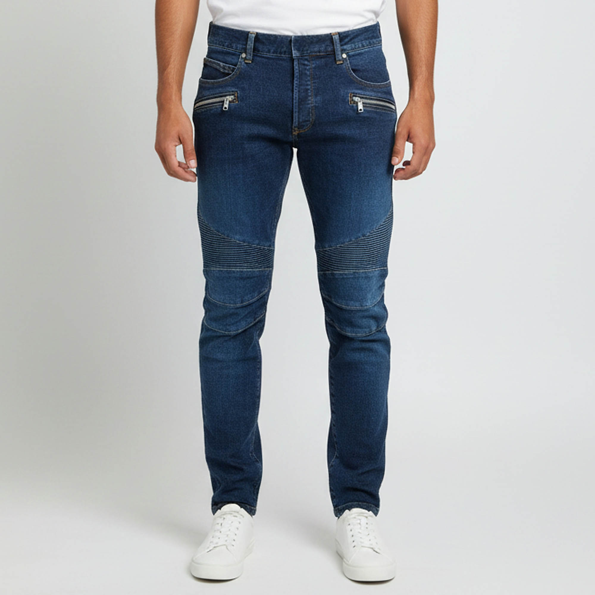 

Balmain Blue Denim Ribbed Knee Tapered Biker Jeans XL/Waist 36"