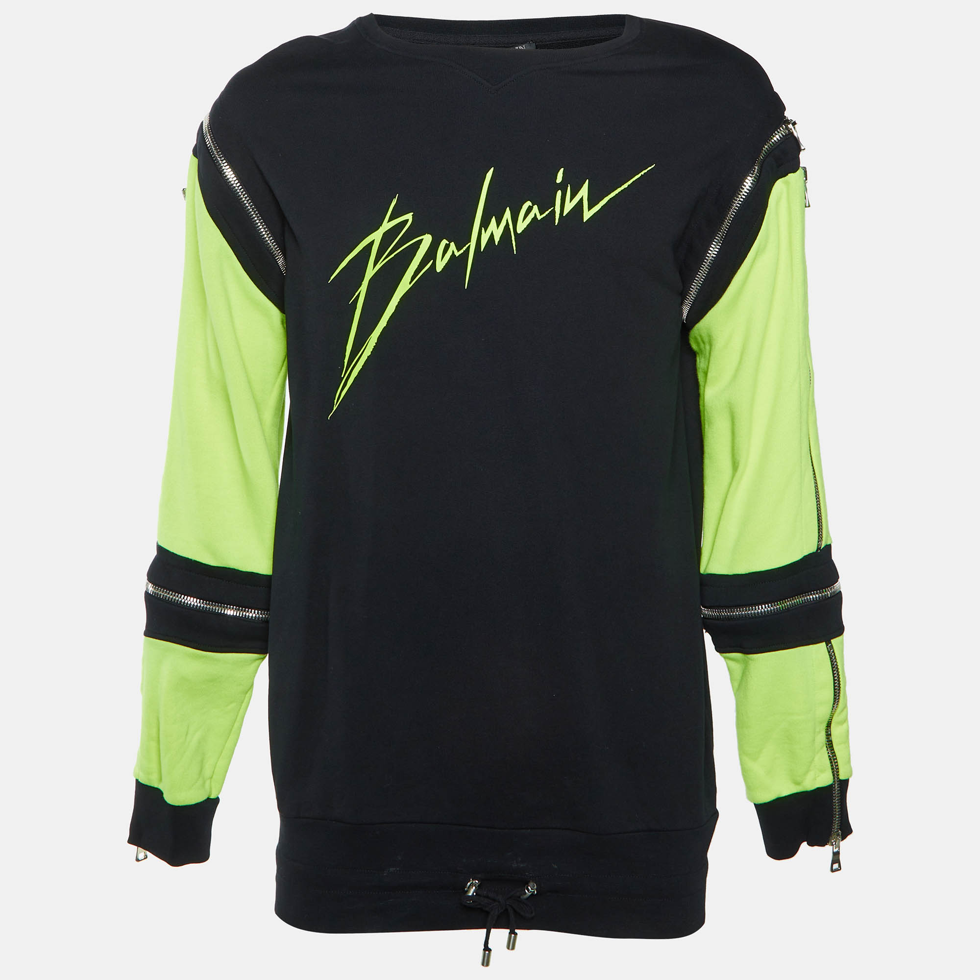 

Balmain Two Tone Logo Print Cotton Jersey Zip Detail Sweatshirt M, Black