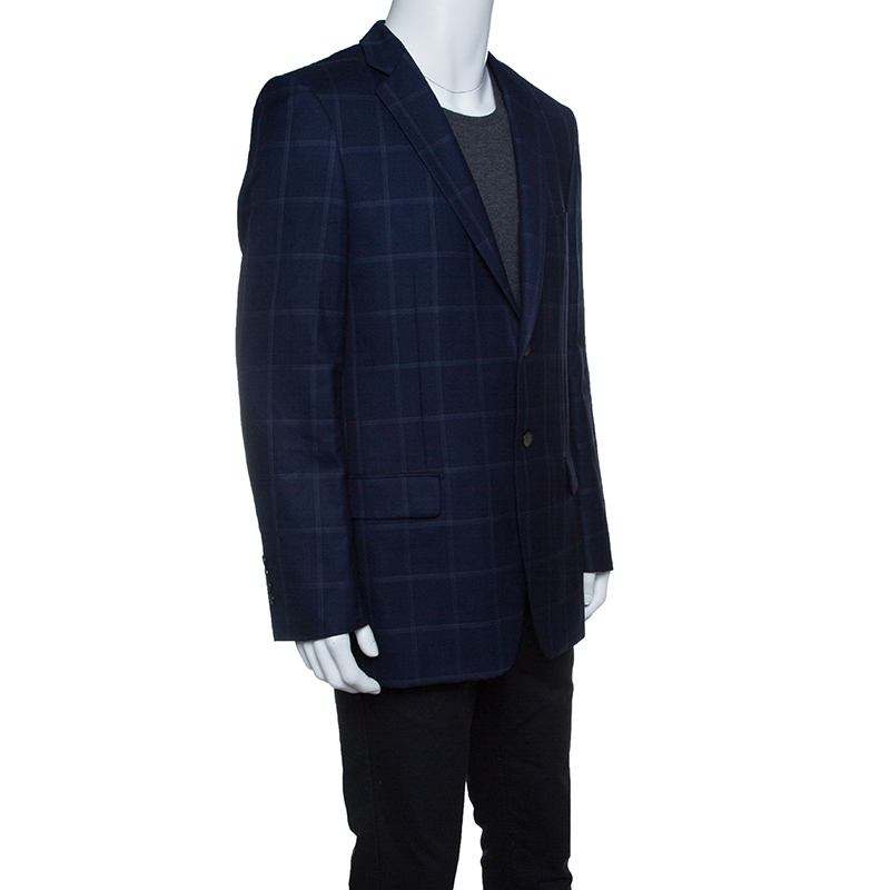 

Balmain Super 120s Navy Blue Checkered Slim Fit Blazer