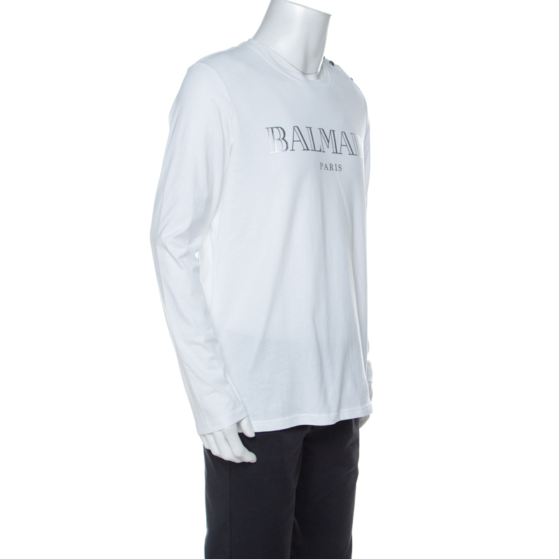 

Balmain White Cotton Logo Print Shoulder Button Detail Full Sleeve T-Shirt