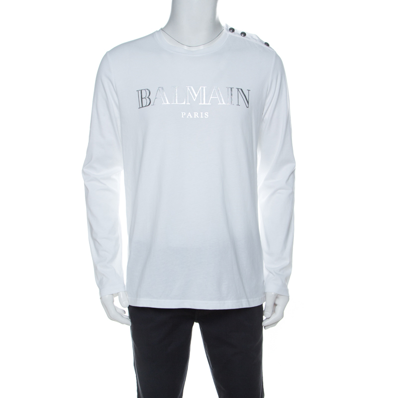 Det er billigt løfte op Fordi Balmain White Cotton Logo Print Shoulder Button Detail Full Sleeve T-Shirt  L Balmain | TLC