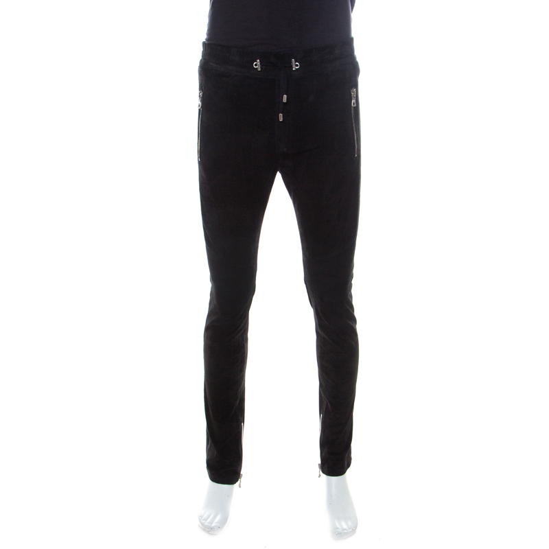 Pre Owned Balmain Black Lambskin Leather Ribbed Panel Detail Moto Pants L