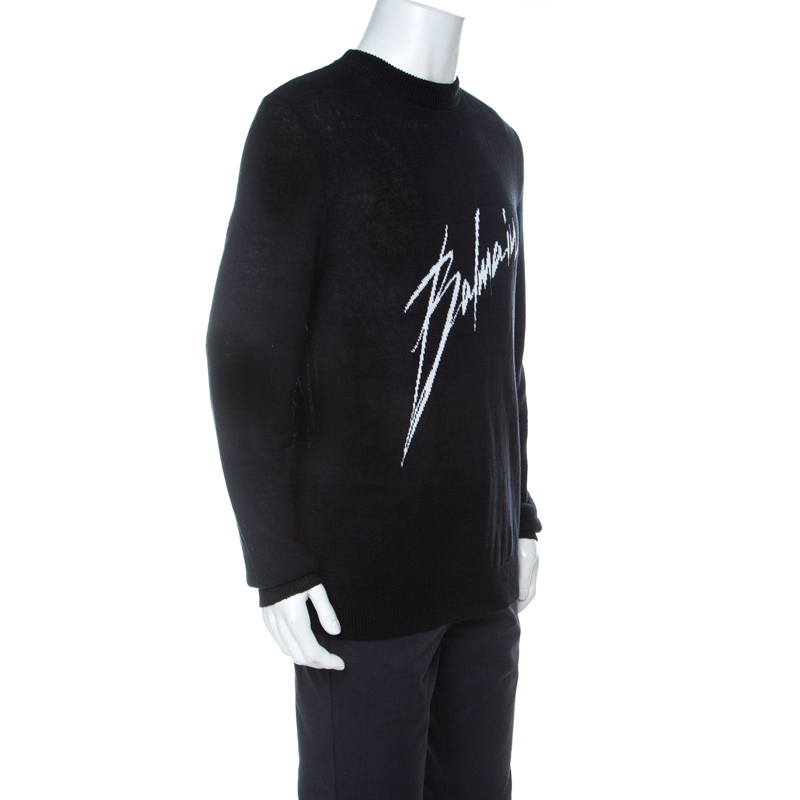 

Balmain Black Linen Knit Logo Signature Printed Sweater