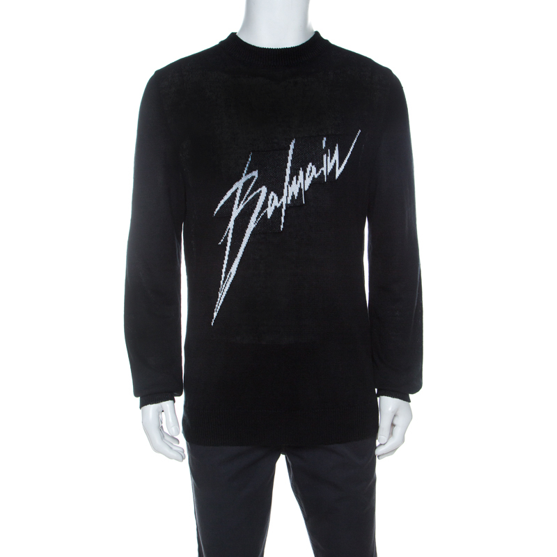 Balmain Black Linen Knit Logo Signature Printed Sweater L