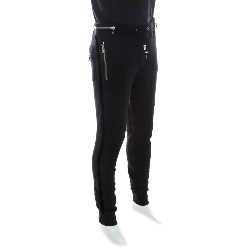 

Balmain Black Cotton and Velvet Side Paneled Biker Jogger Pants