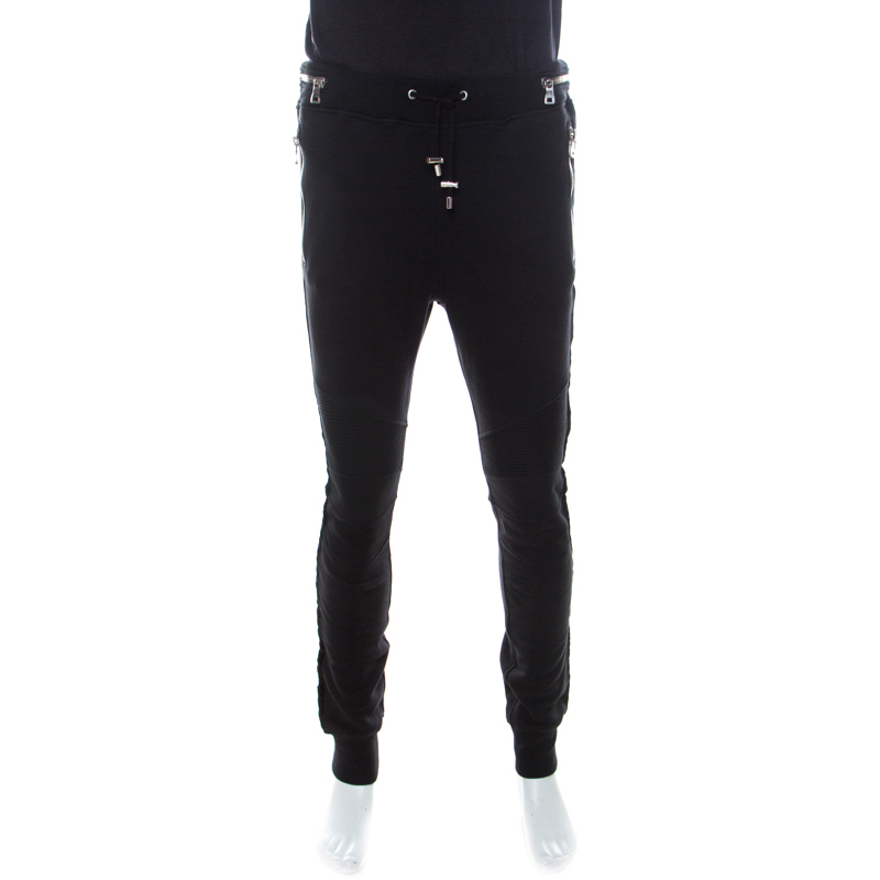 Balmain Black Cotton and Velvet Side Paneled Biker Jogger Pants L
