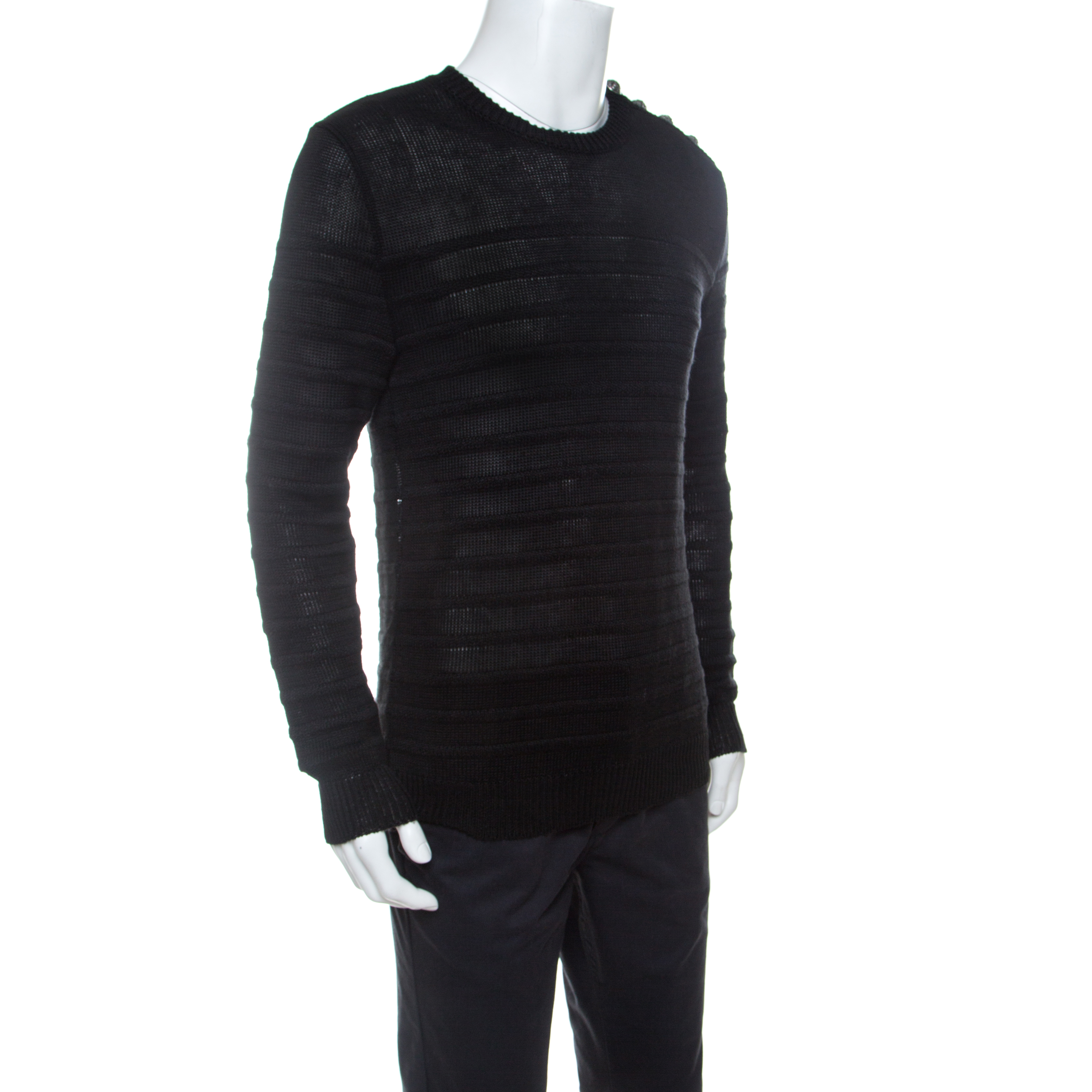 

Balmain Black Linen Knit Shoulder Button Detail Sweater