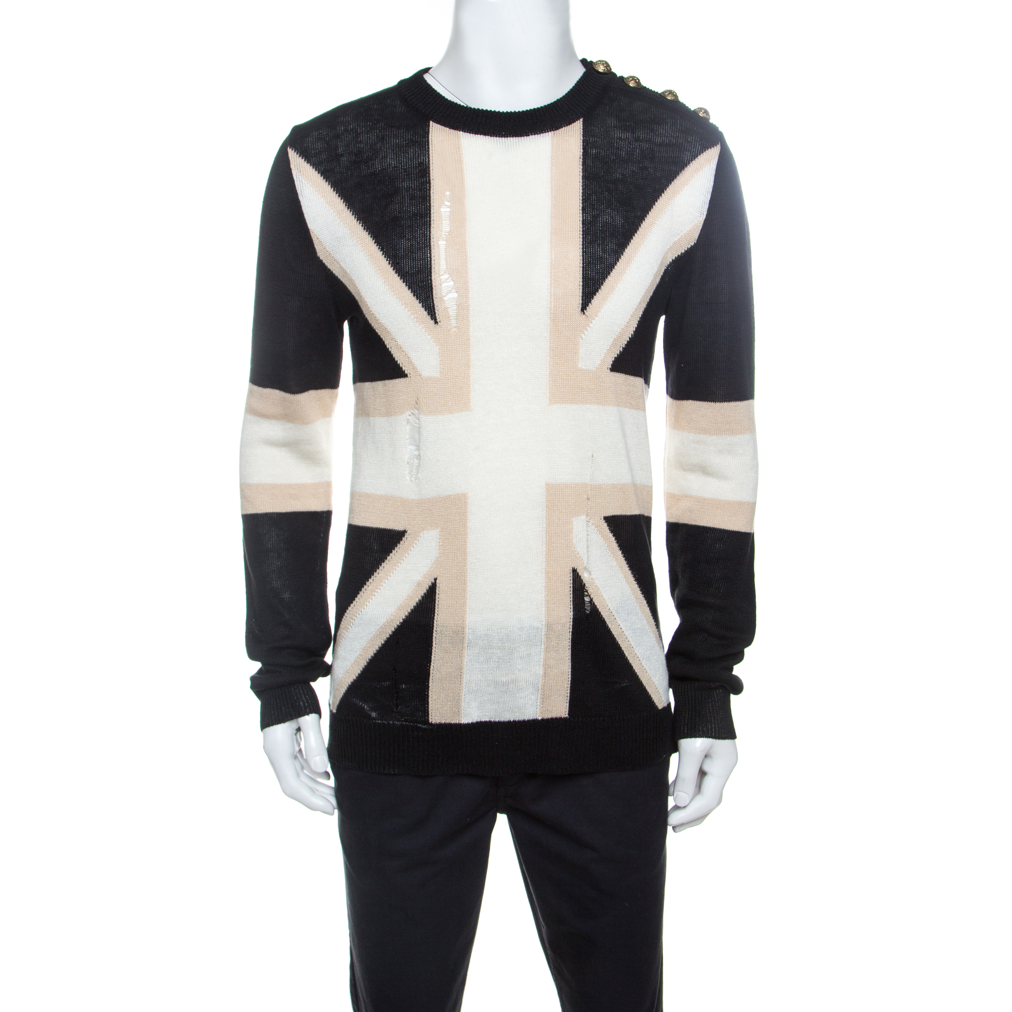 Balmain Tricolor Linen Blend Rip Detail Union Jack Sweater L