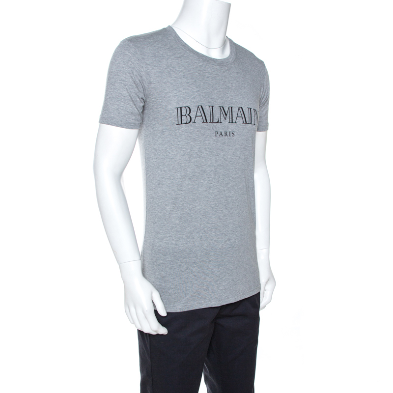 

Balmain Grey Logo Print Cotton Crew Neck T-Shirt