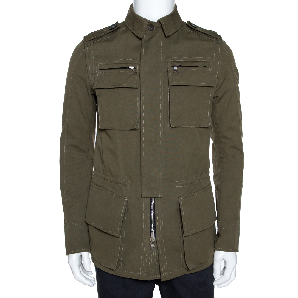 Balmain Olive Green Cotton Linen Zip Front Jacket M
