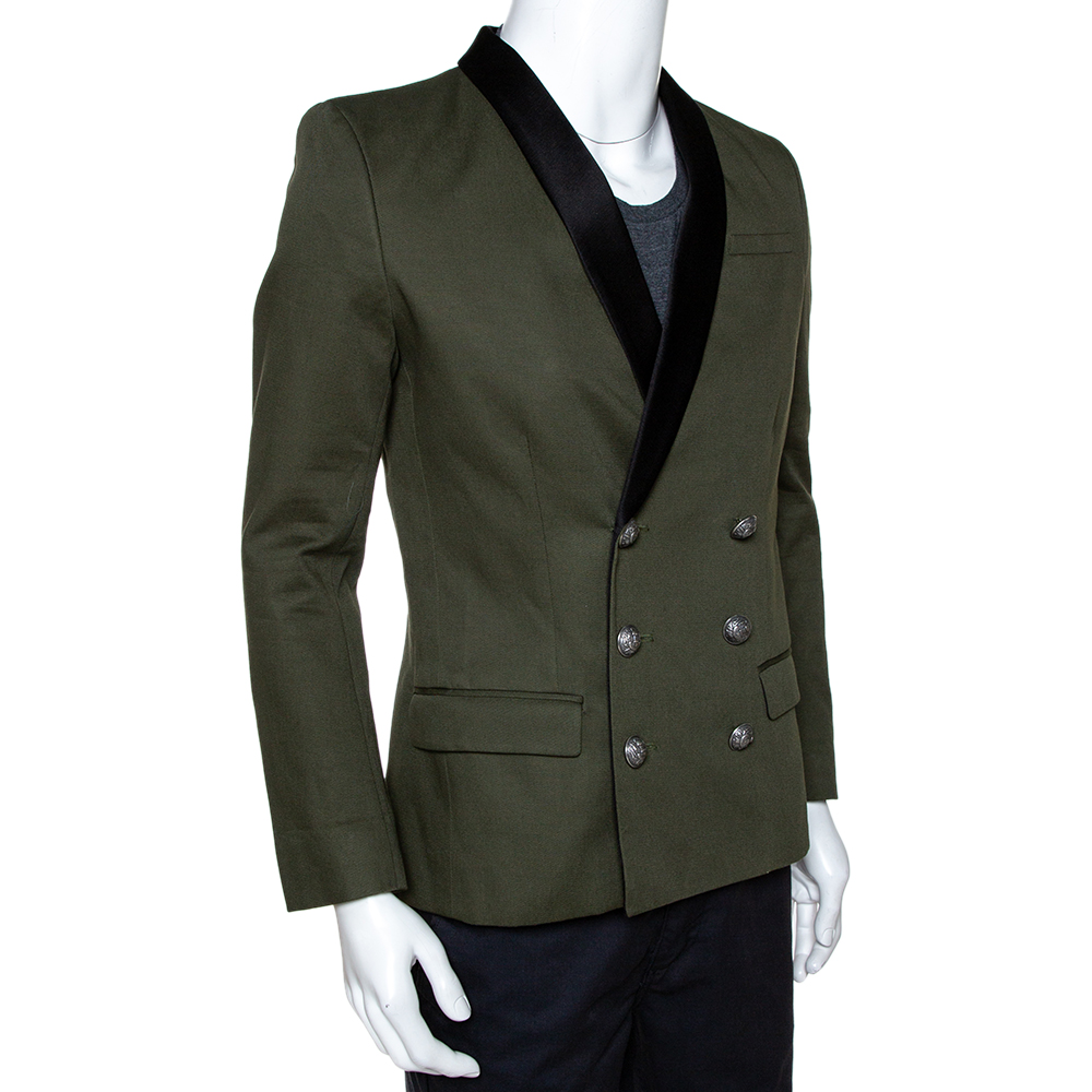 

Balmain Military Green Gabardine Contrast Lapel Blazer