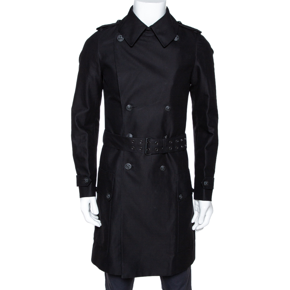 Balmain Black Cotton Belted Double Breasted Coat M