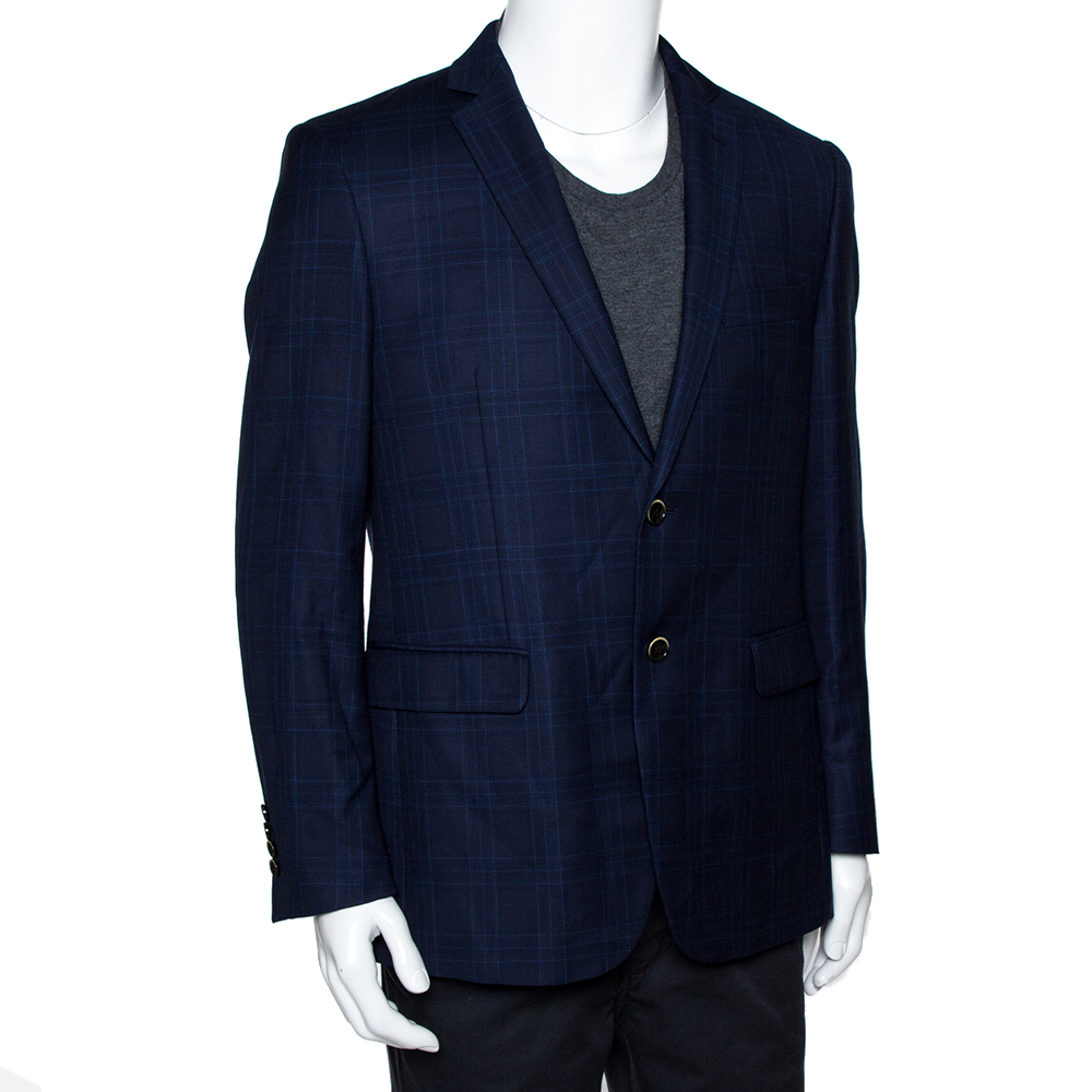 

Balmain Super 120s Navy Blue Checkered Wool Slim Fit Blazer