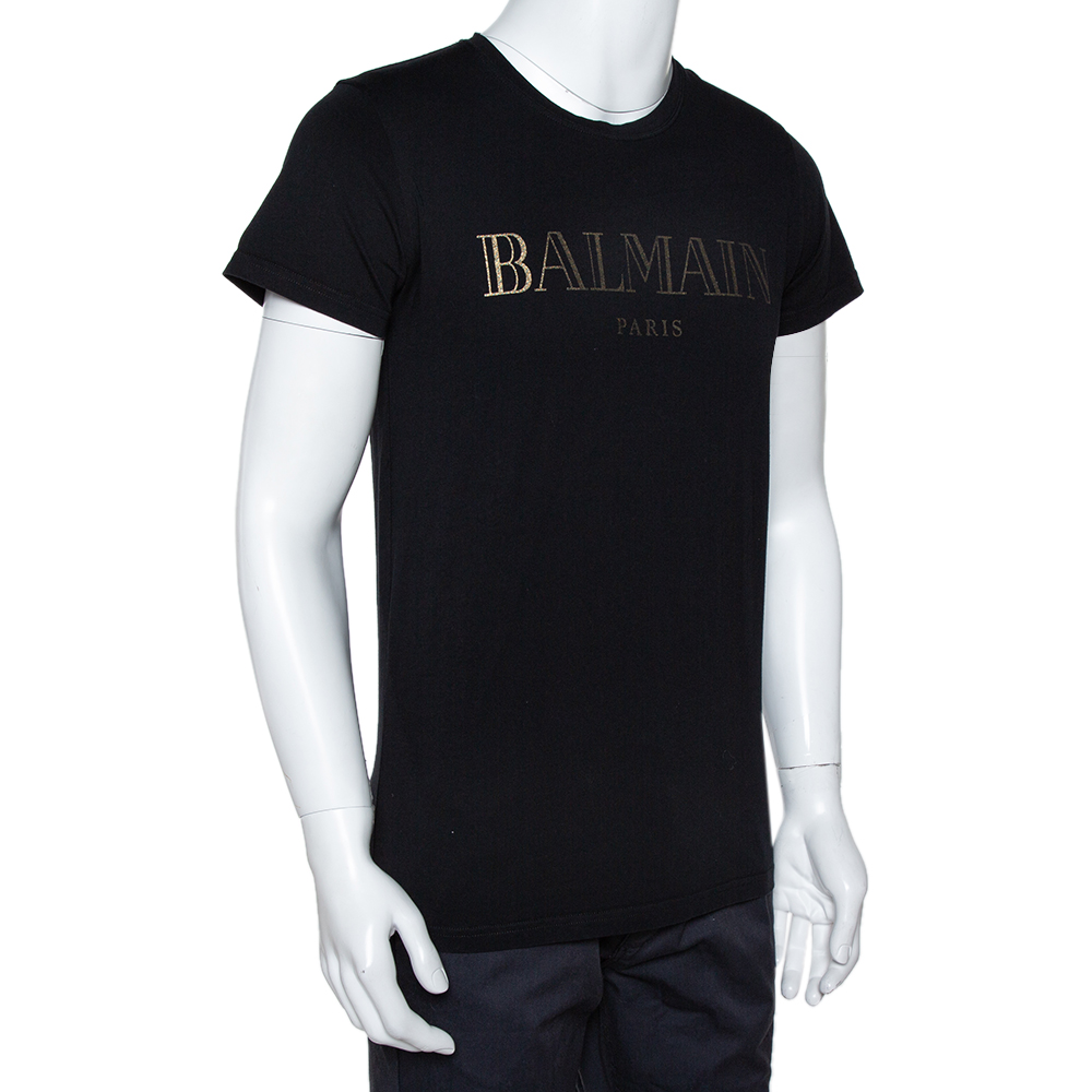 

Balmain Black Cotton Logo Foil Print Crew Neck T Shirt