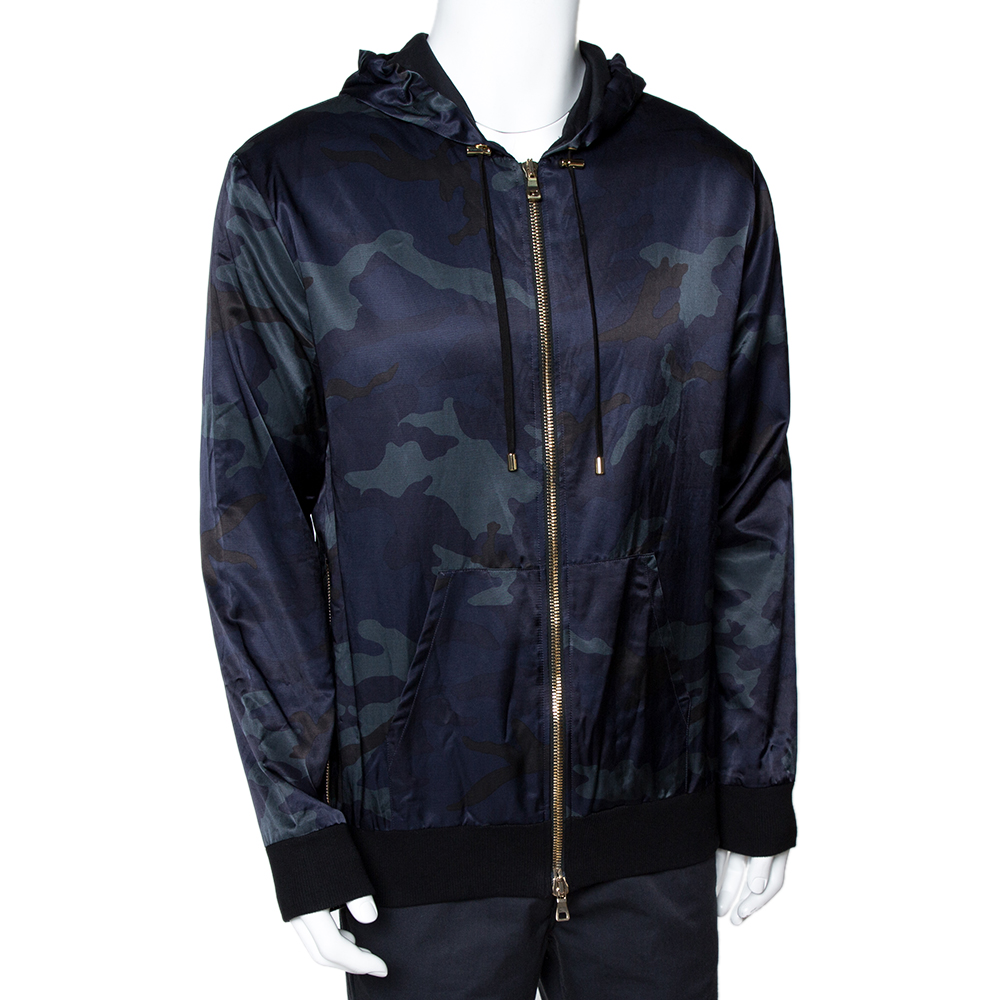 

Balmain Navy Blue Camouflage Print Cotton Blend Zip Front Hoodie