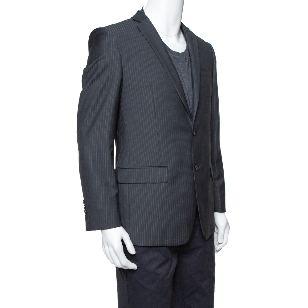 

Balmain Charcoal Grey Pinstriped Wool Slim Fit Blazer, Black