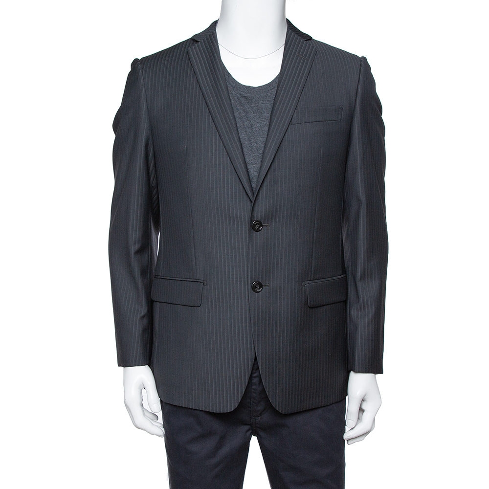 Pre-owned Balmain Charcoal Grey Pinstriped Wool Slim Fit Blazer M In Black