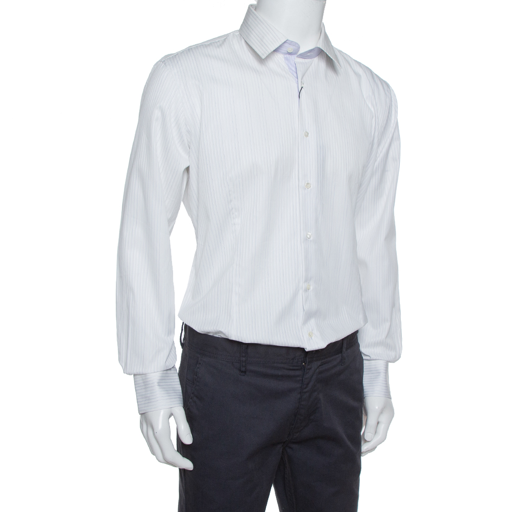 

Balmain White Striped Cotton Button Front Slim Fit Two Ply Shirt