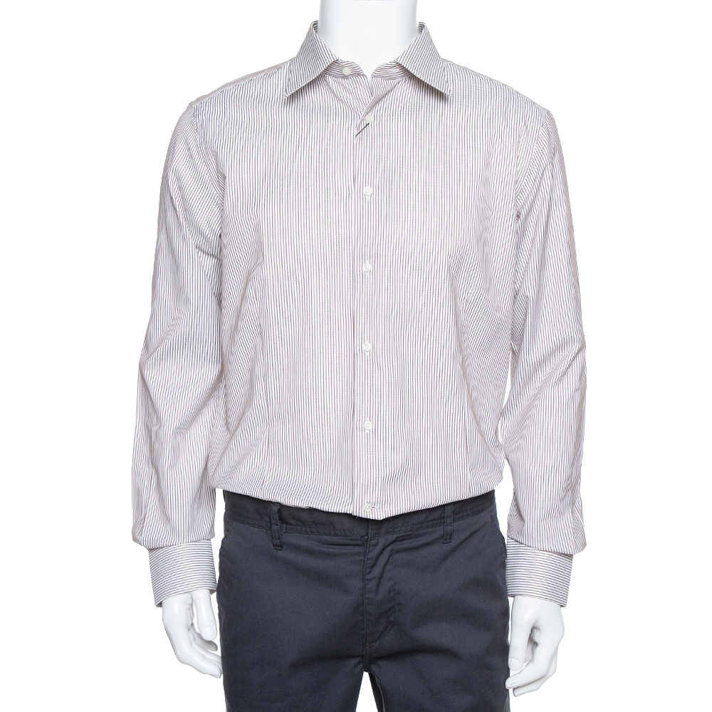 

Balmain Cream & Brown Striped Cotton Button Front Slim Fit Two Ply Shirt