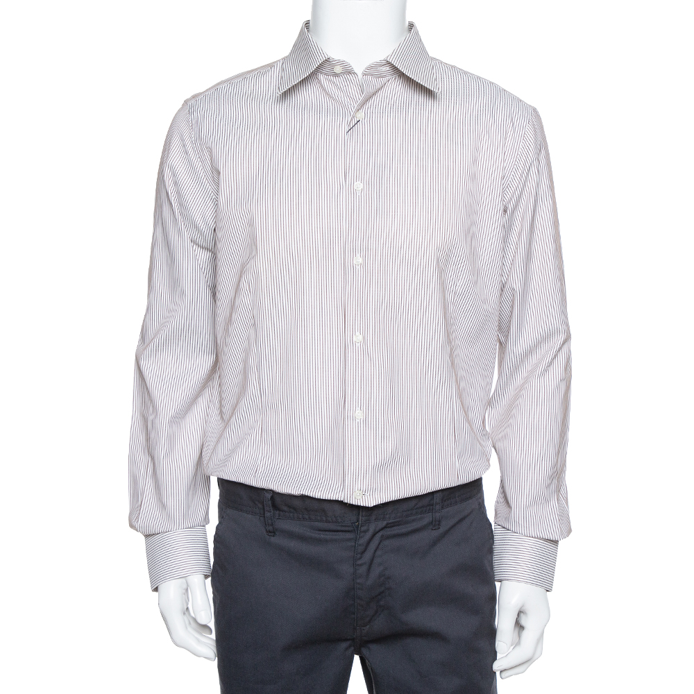 

Balmain Cream & Brown Striped Cotton Button Front Slim Fit Two Ply Shirt L