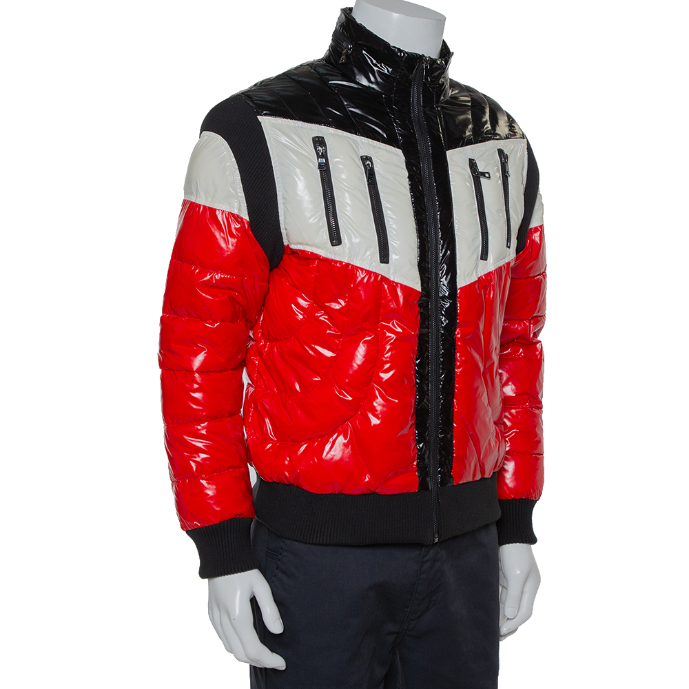 

Balmain Tricolor Synthetic Quilted Hooded Puffer Jacket, Red