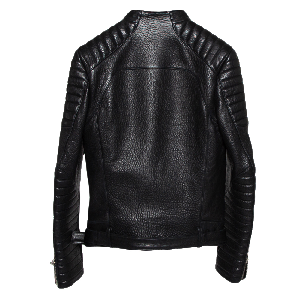 

Balmain Black Leather Front Open Belted Waist Detail Moto Biker Jacket