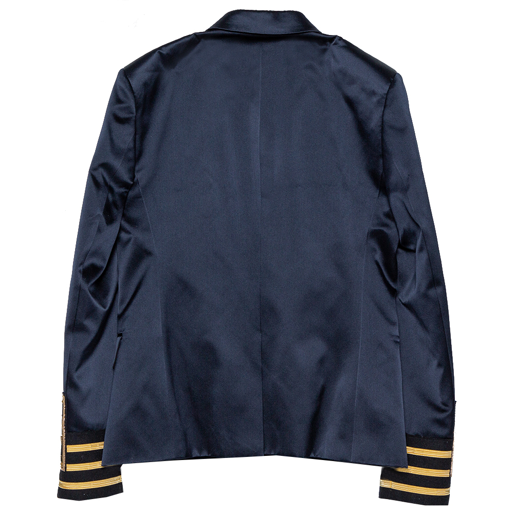

Balmain Navy Blue Logo Embroidered Silk Satin Double Breasted Blazer
