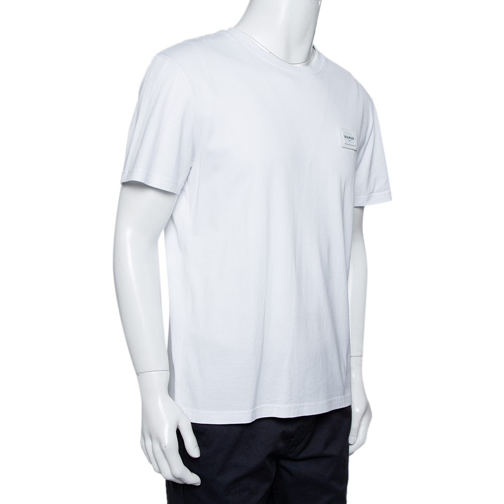 

Balmain White Cotton Logo Patch Detail Crewneck T-Shirt