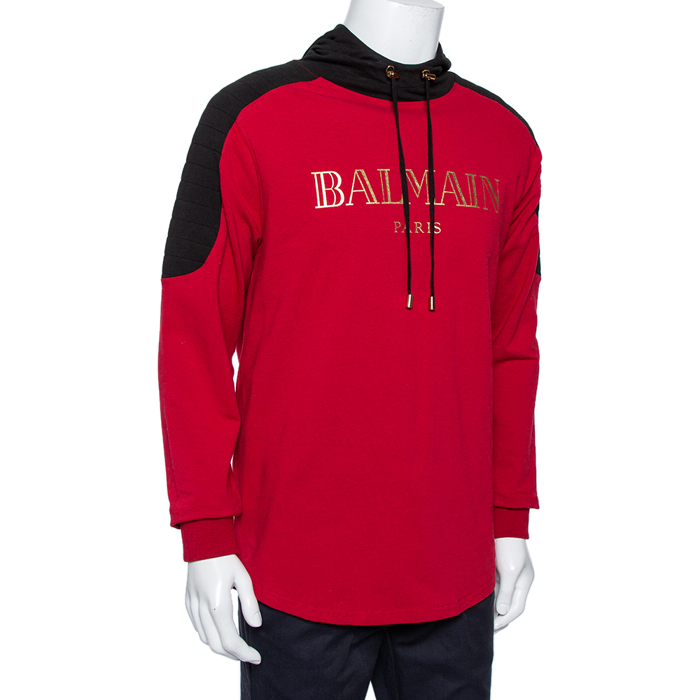 

Balmain Red & Black Logo Printed Cotton Hoodie