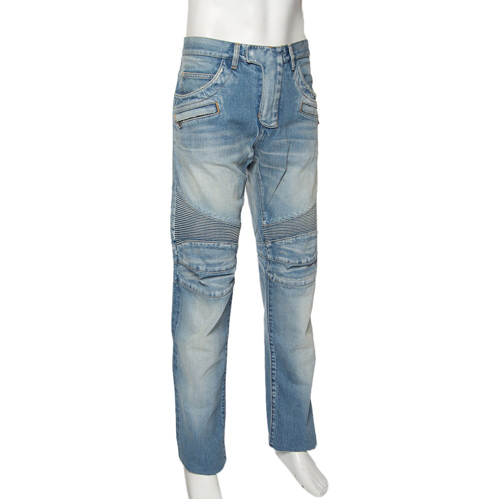 

Balmain Blue Denim Ribbed Detailed Slim Fit Biker Jeans