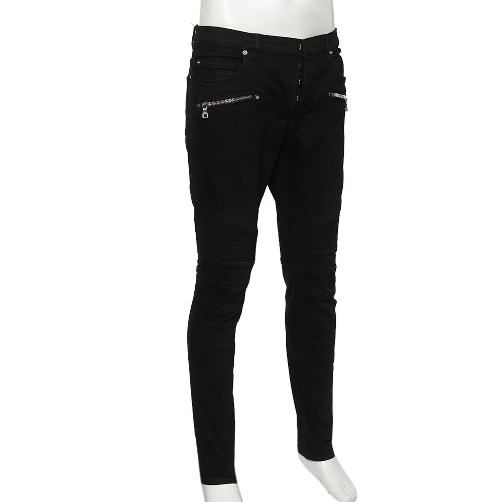 

Balmain Black Denim Rib Detailed Slim Fit Biker Jeans