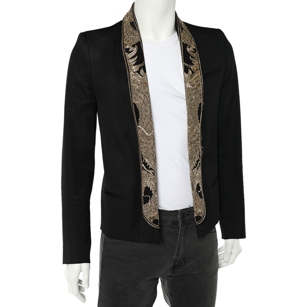 

Balmain Black Wool Embellished Neck Open Front Jacket