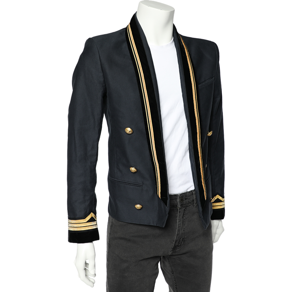 

Balmain Navy Blue Cotton Velvet Collar Trim Open Front Jacket