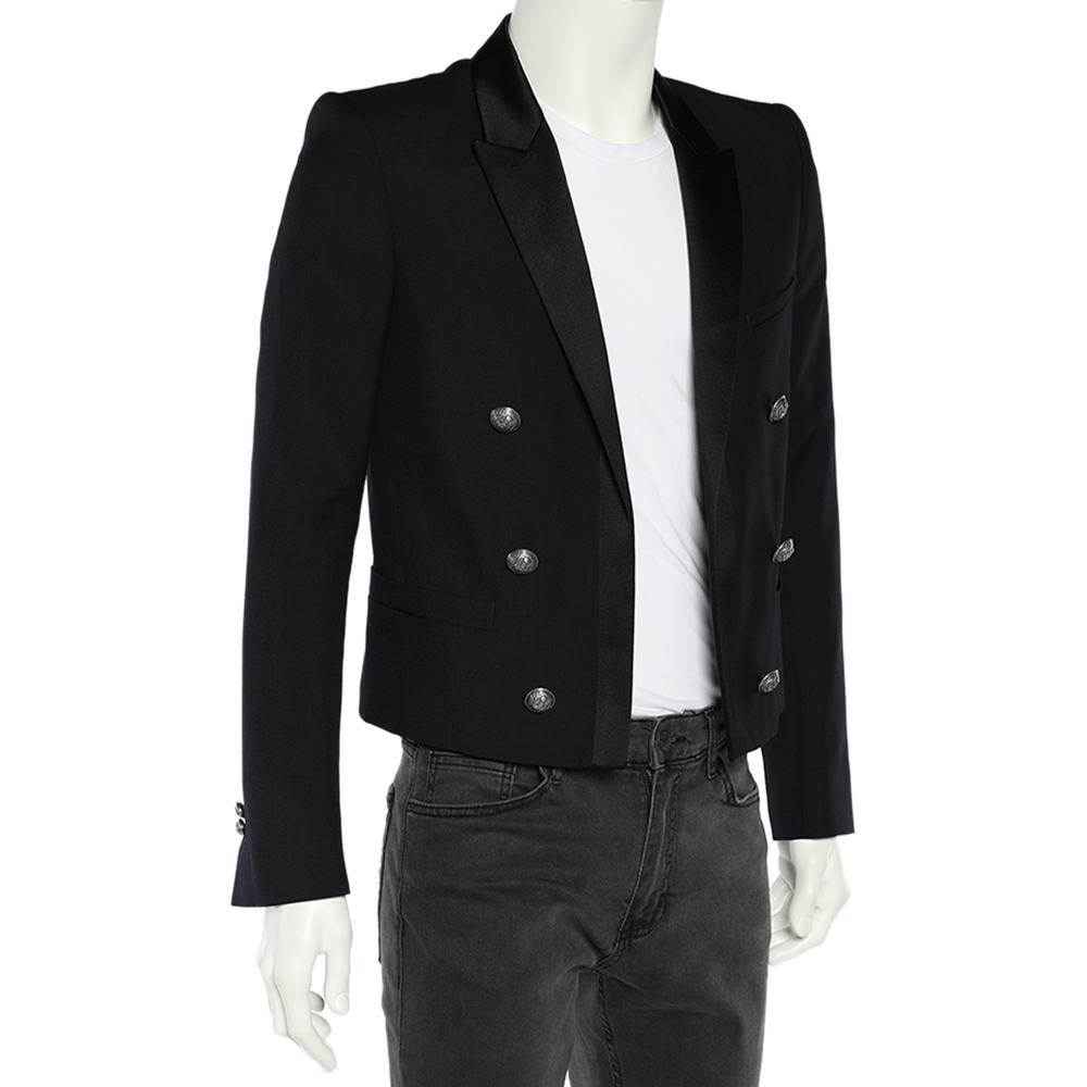 

Balmain Navy Blue Wool Contrast Trim Open Front Blazer