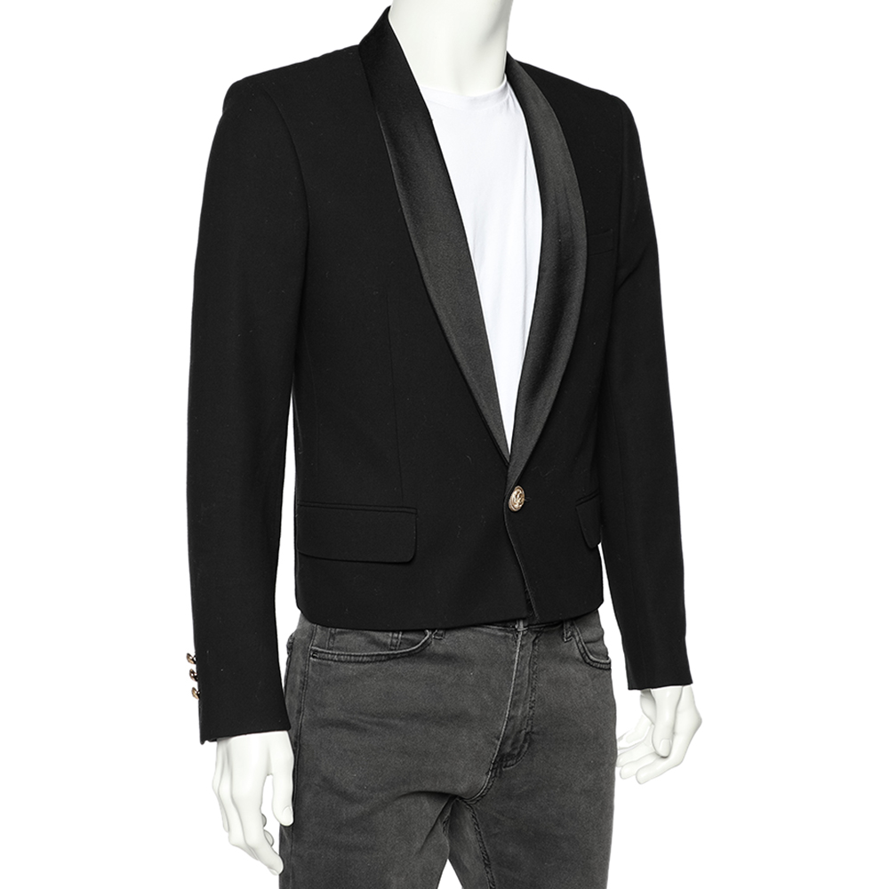 

Balmain Black Cotton & Silk Lapel Detailed Cropped Blazer