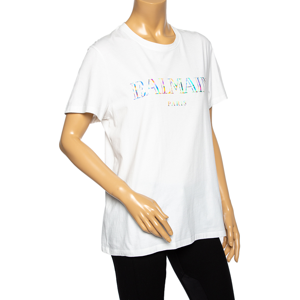 

Balmain White Cotton Metallic Logo Printed Crewneck T-Shirt